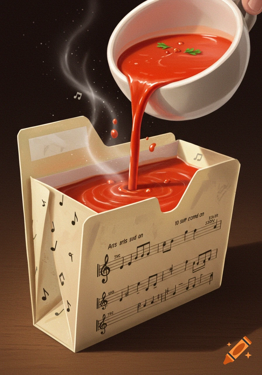 Stylized illustration of soup pouring from a bowl into an accordion file folder printed with musical notes.