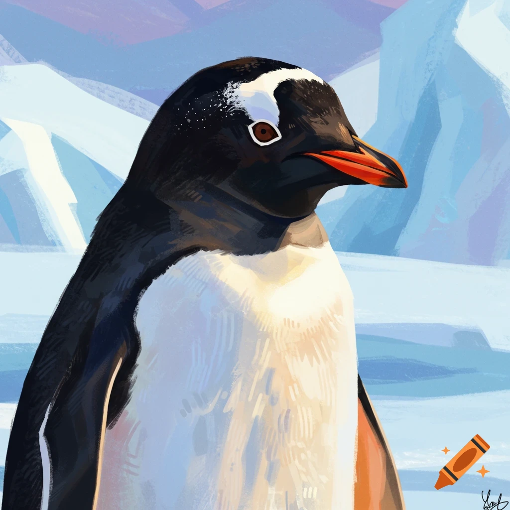 Digital painting close-up of a penguin in an icy landscape