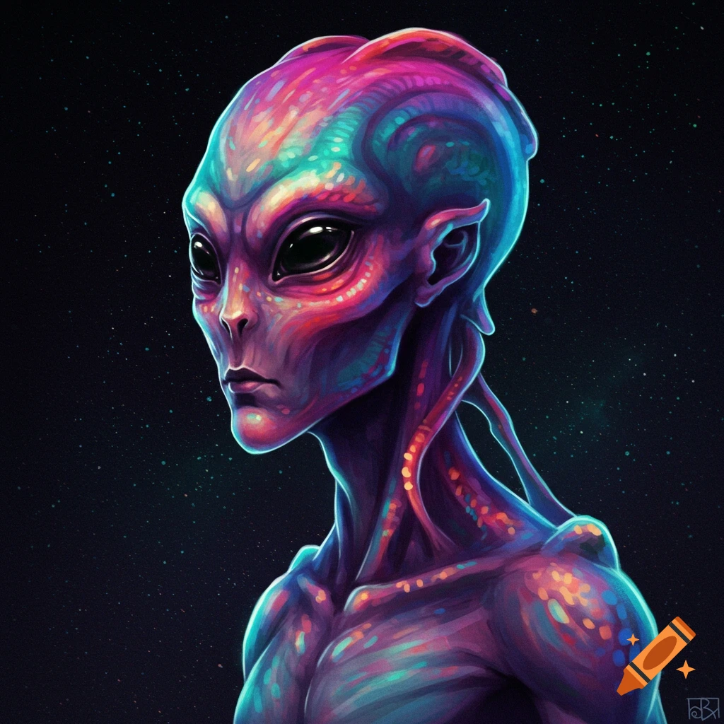 Stylized portrait of a colorful alien against a starry background