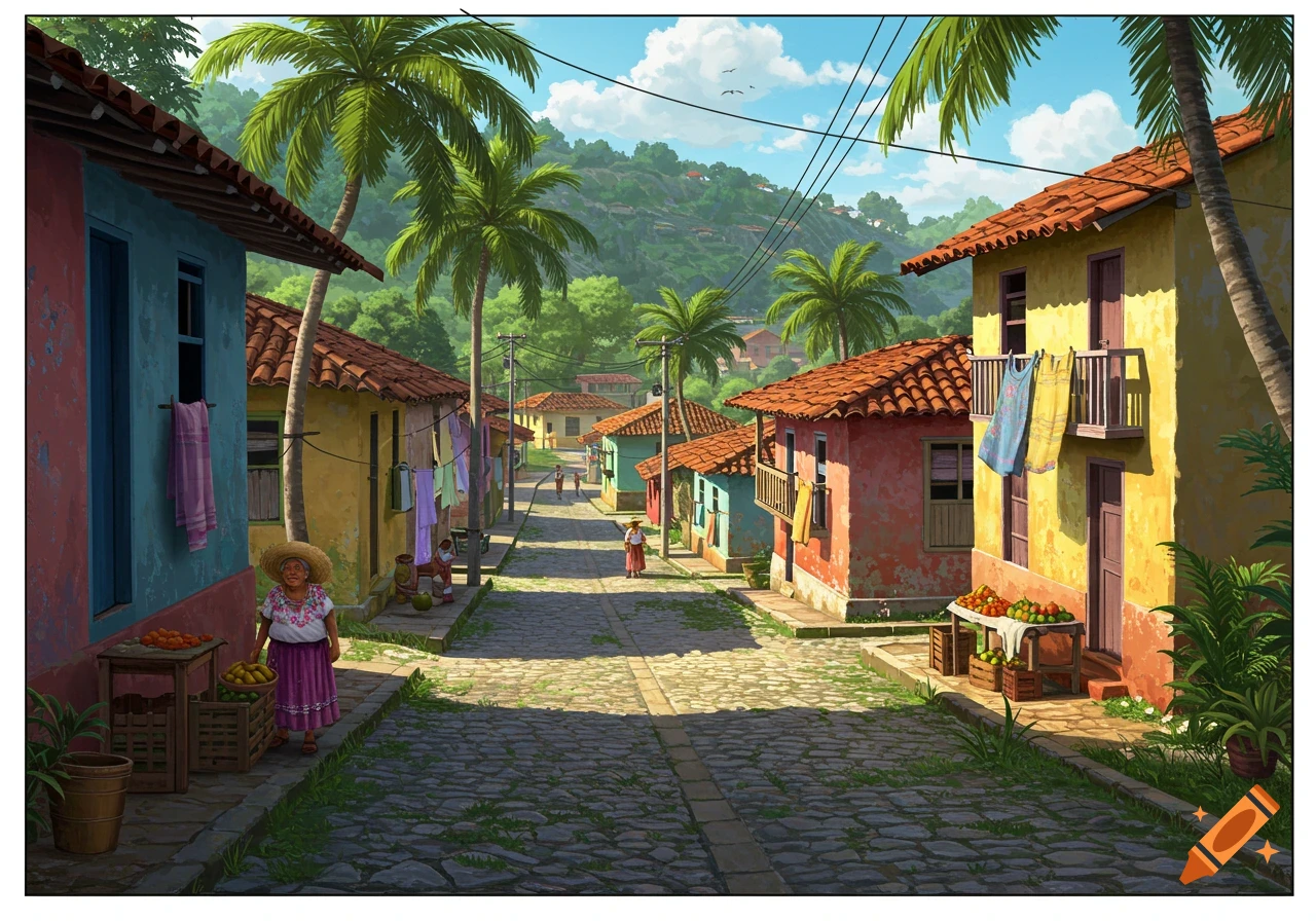 A vibrant, colorful village street with houses, people, palm trees, and laundry hanging out to dry.