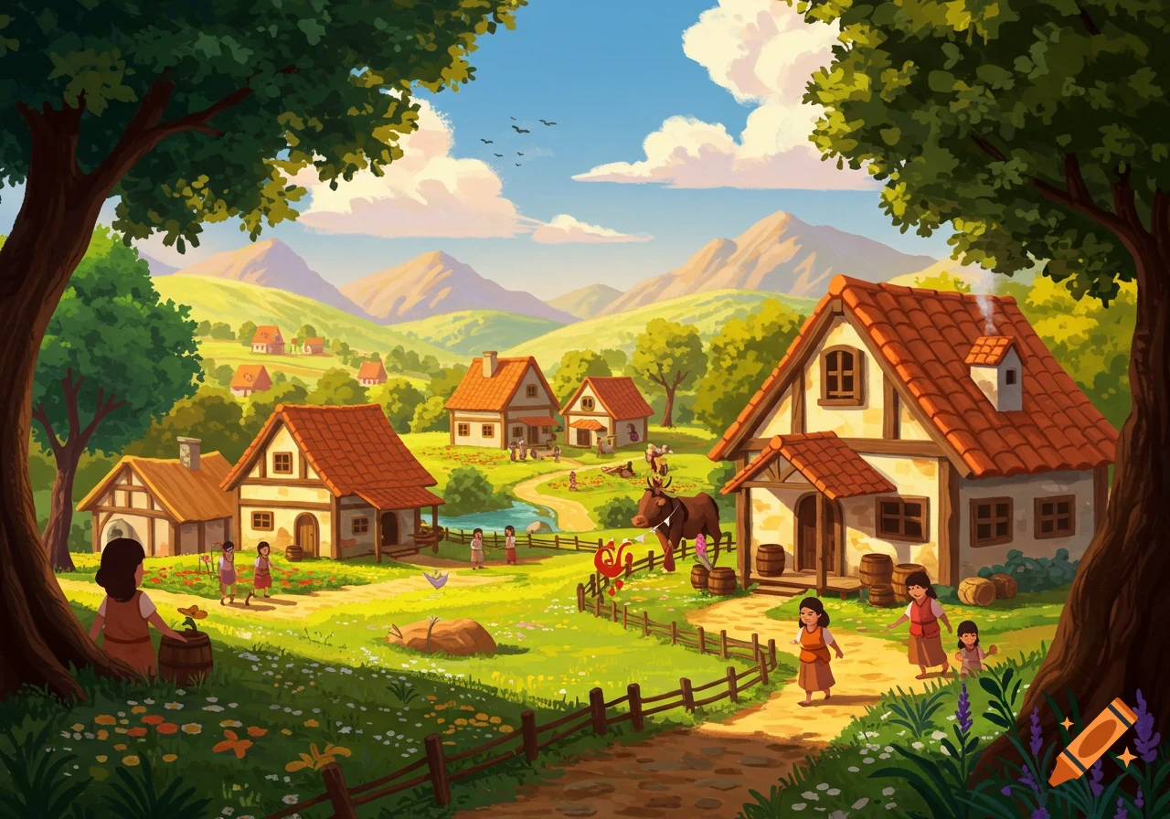 A sunny, cartoon-style illustration of a village nestled in a lush green valley with houses, people, and animals.