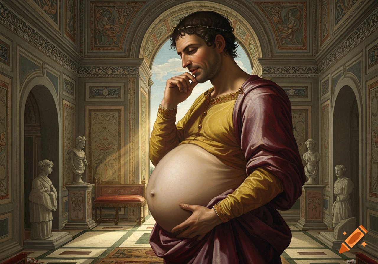 Renaissance painting of a man with a large belly in an interior setting.