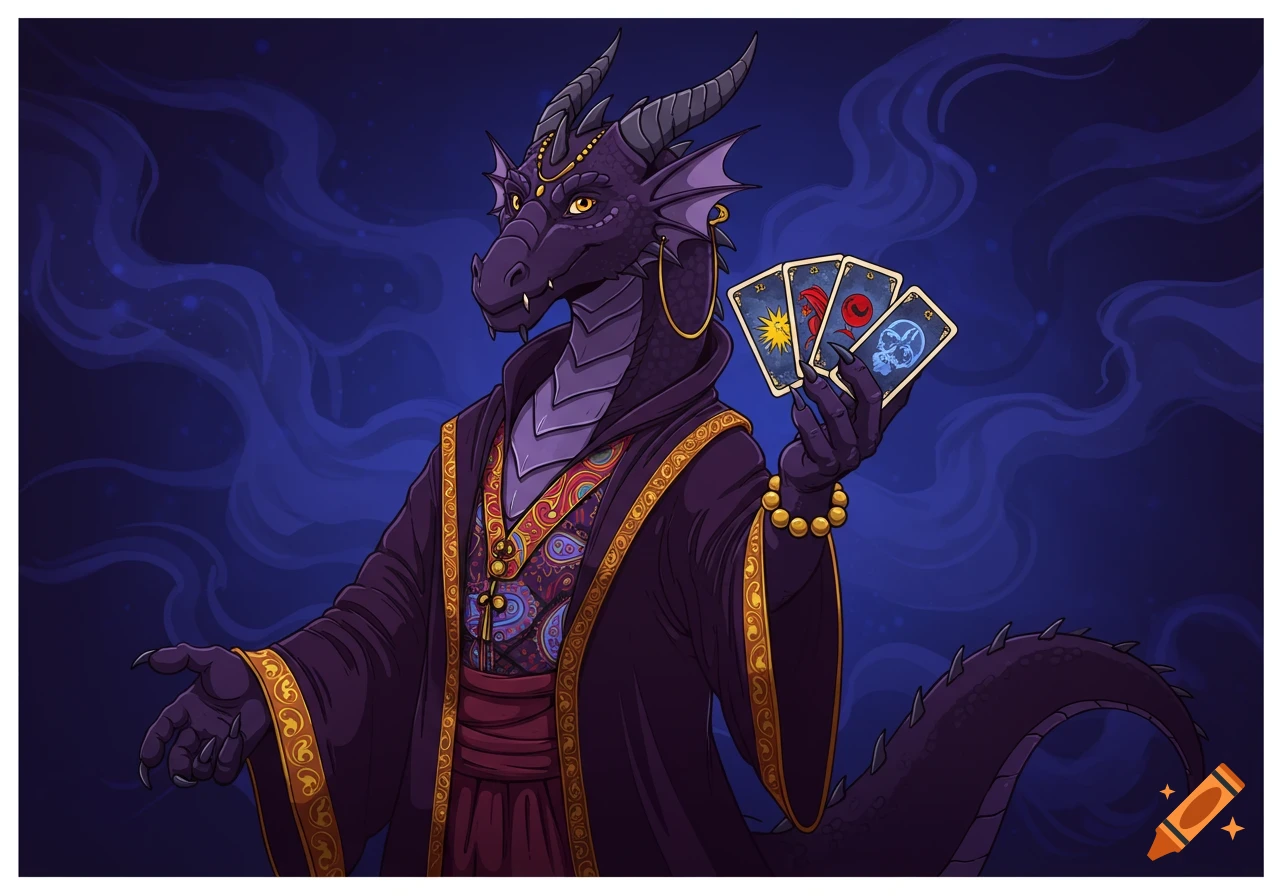 A purple dragon in a purple robe holds three tarot cards against a swirling blue background.