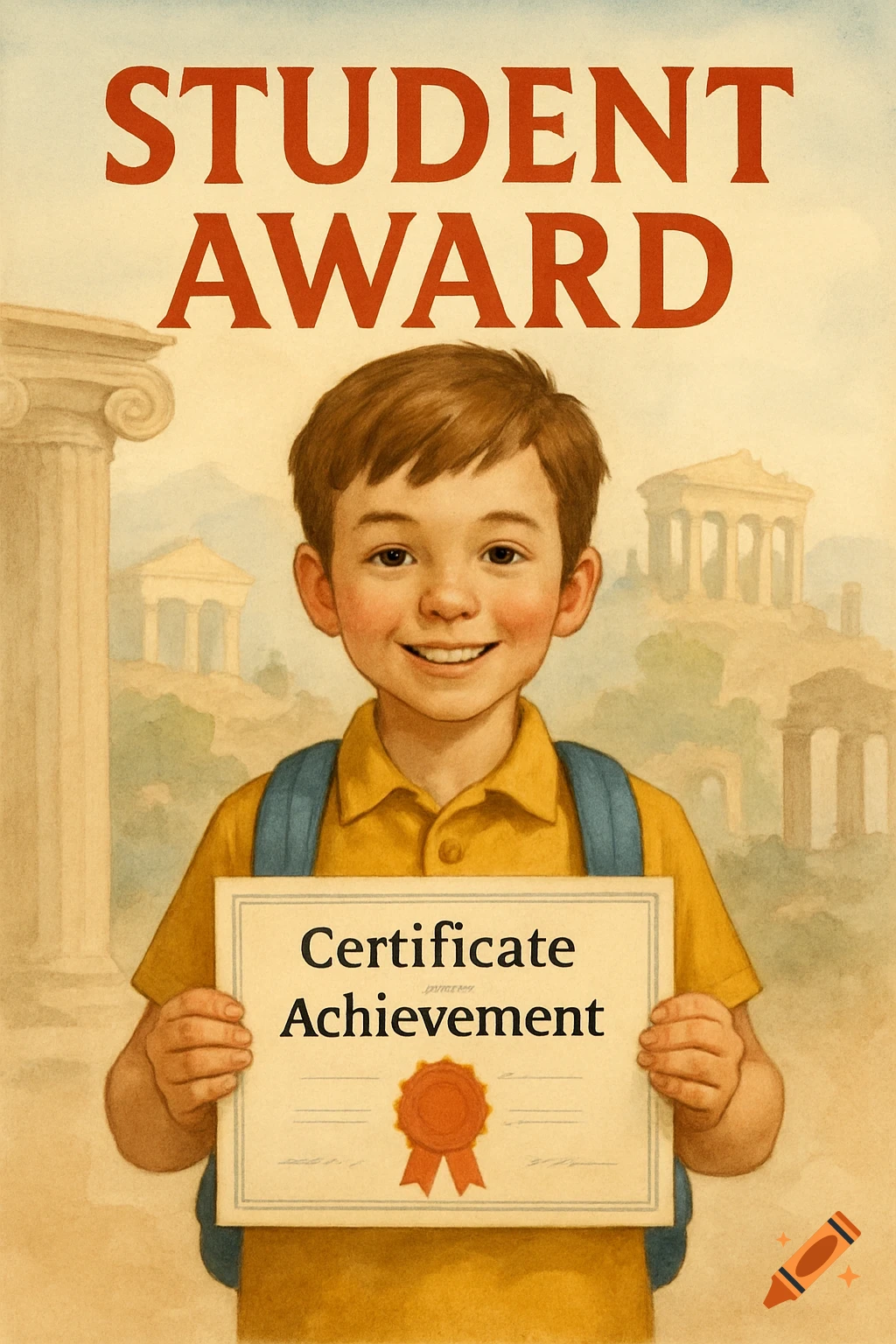 Illustration of a smiling young boy holding a student award certificate in front of a faded classical Greek background.
