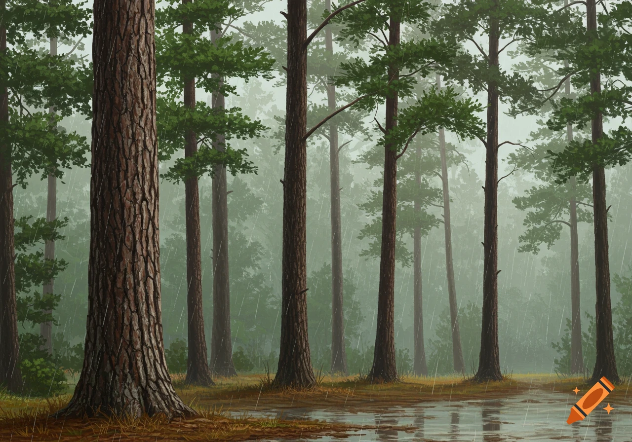 Pine trees in a forest during rain with reflections in puddles.