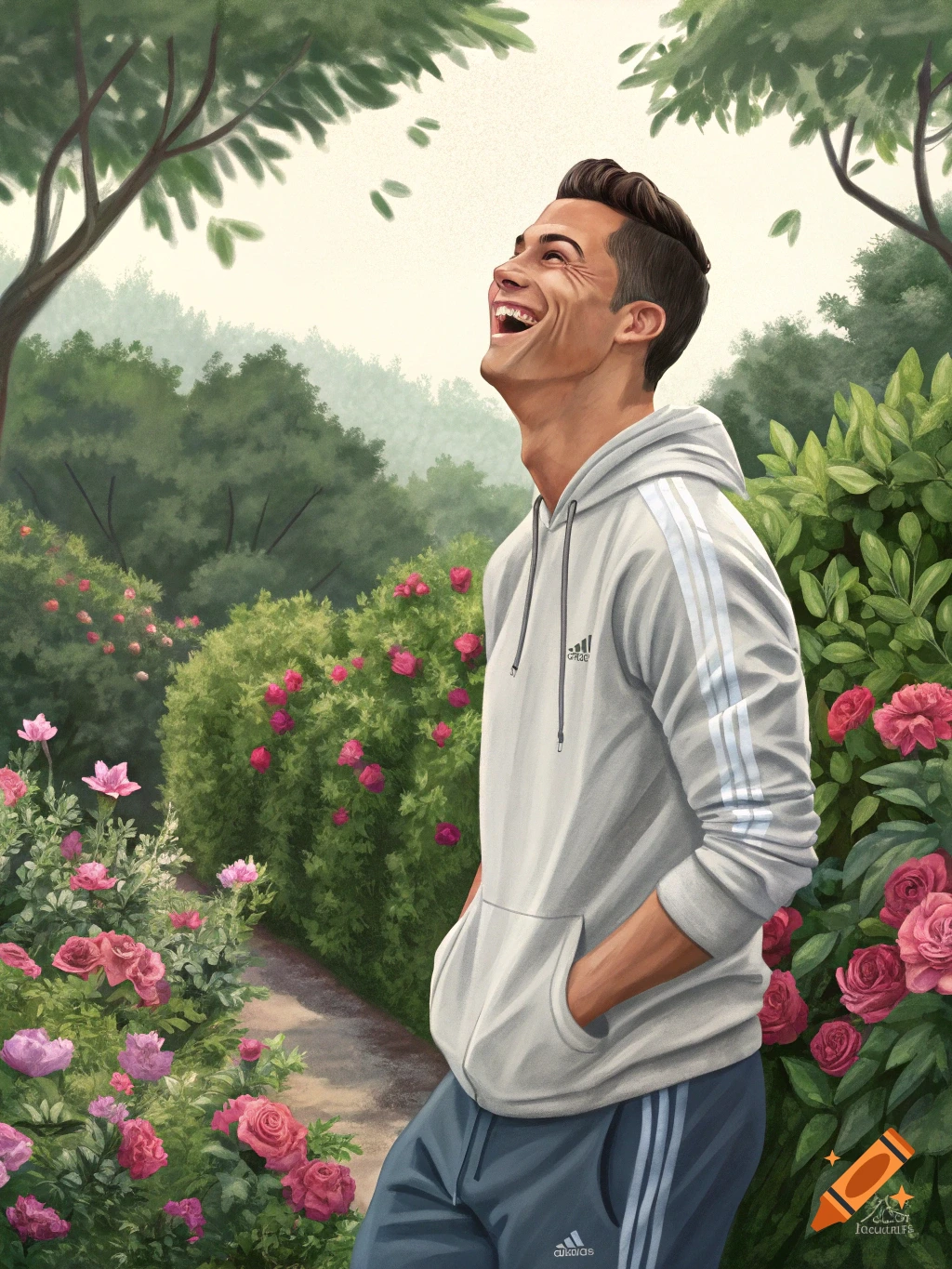 Illustration of Cristiano Ronaldo laughing in a rose garden.