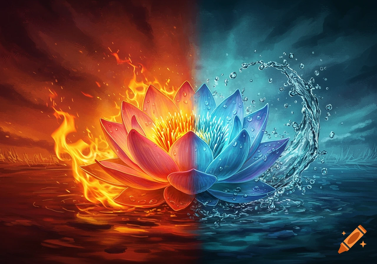 Stylized lotus flower split between fire on the left and water on the right.