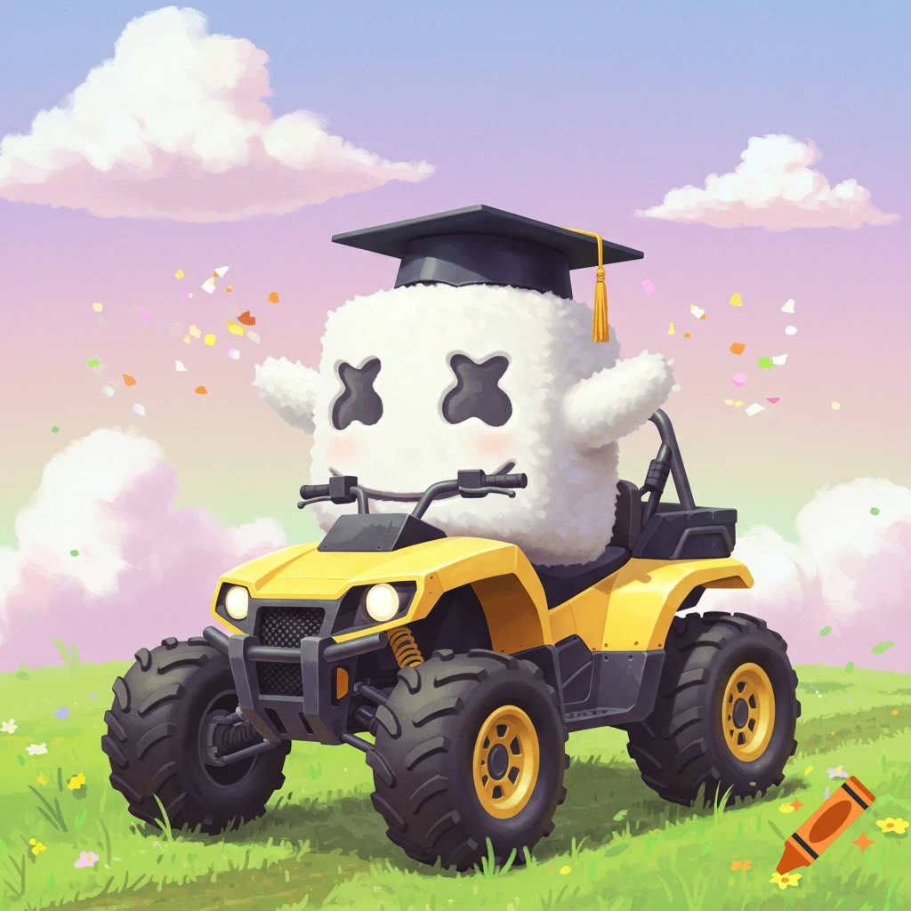Cartoon marshmallow character with graduation cap driving a yellow ATV in a grassy field with confetti.