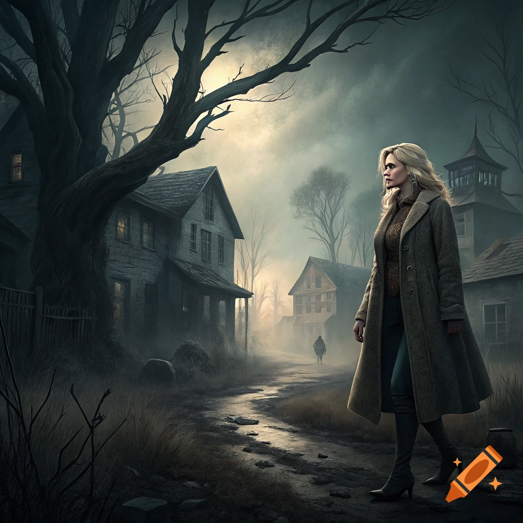 A woman walks down a muddy road through a dilapidated, foggy town at twilight, with large trees and creepy houses.