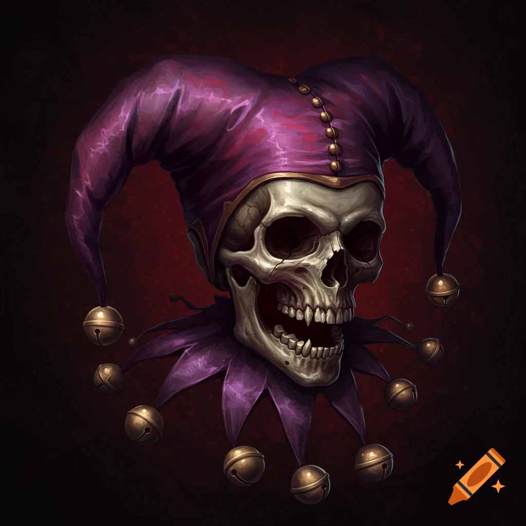 A detailed artistic depiction of a skull wearing a purple and gold jester hat with bells.