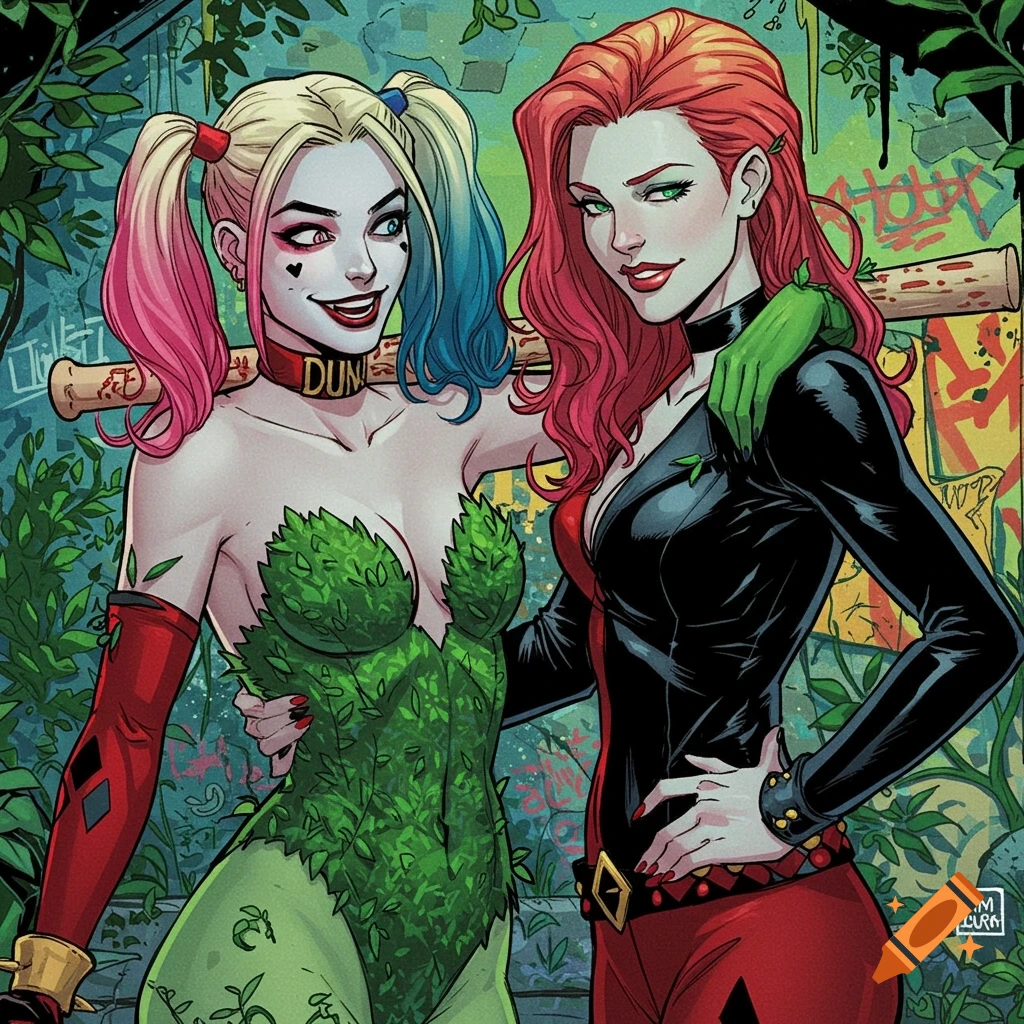 Harley Quinn and Poison Ivy embrace in a jungle-like setting with graffiti background, in comic book art style.