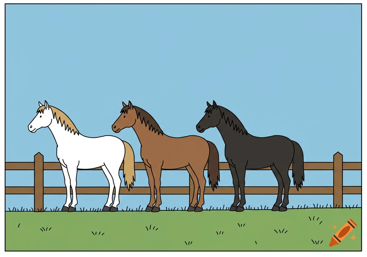 Three cartoon horses, white, brown, and black, stand by a wooden fence in a grassy field under a blue sky.