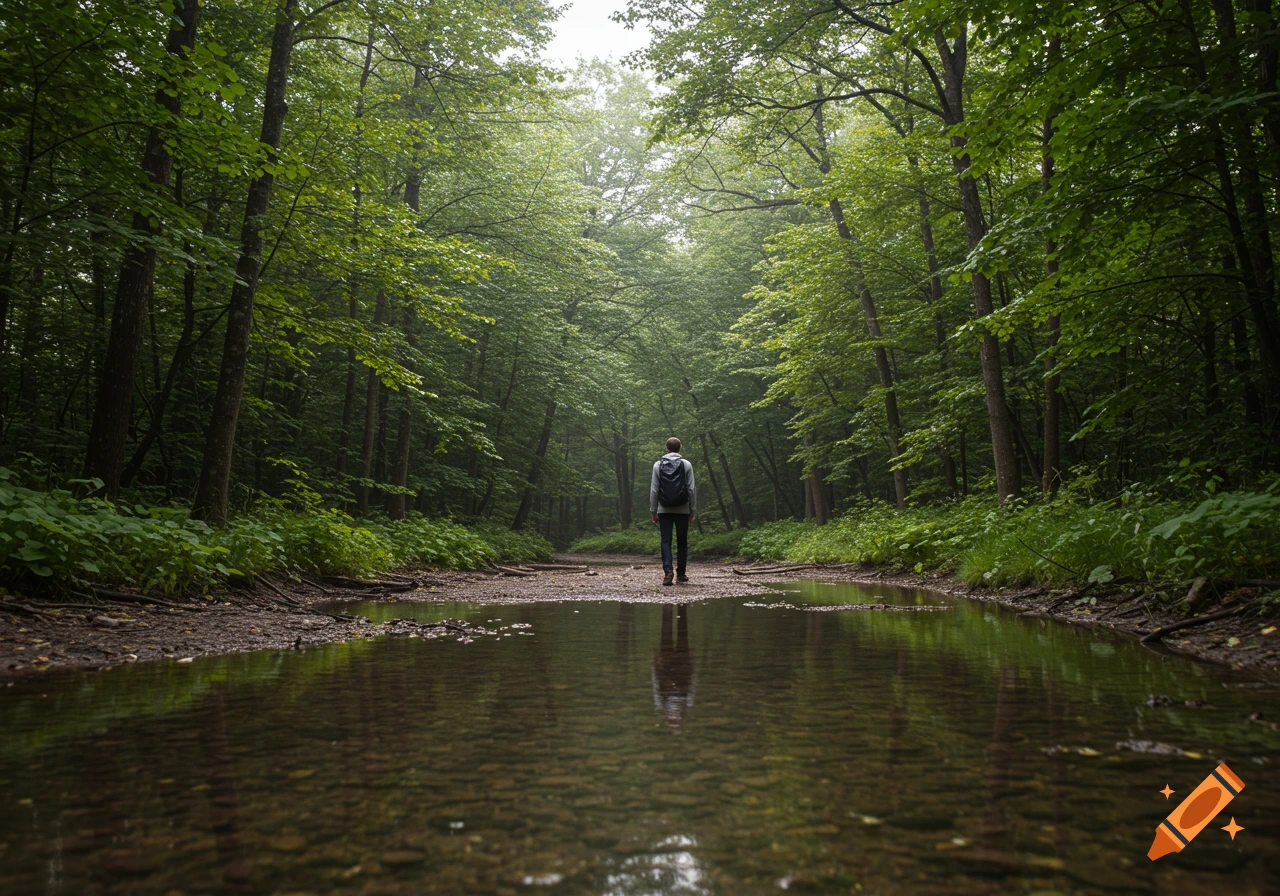 A person with a backpack stands on a path through a lush forest with a ...