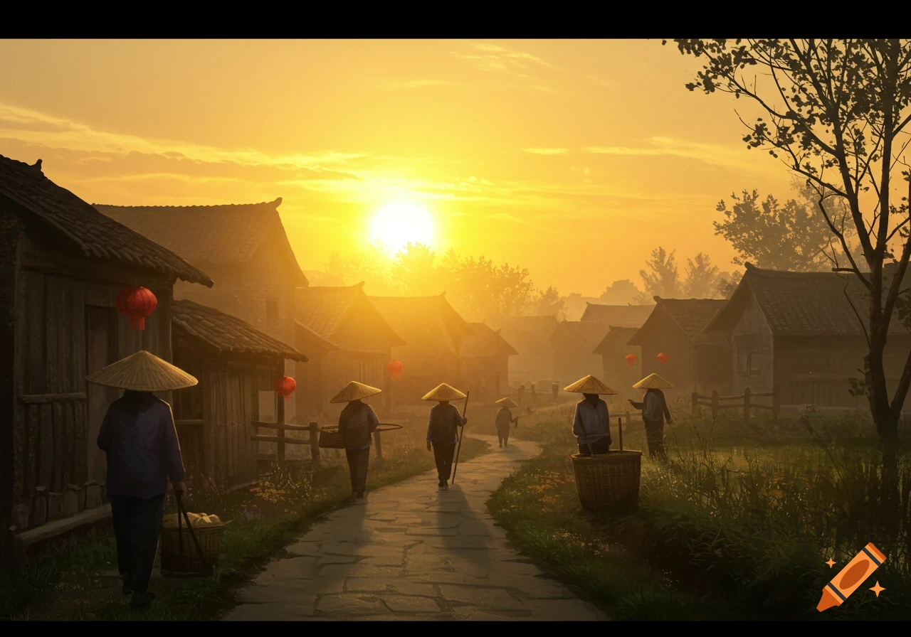 Villagers in straw hats walk on a stone path through a village bathed in the golden light of sunrise.