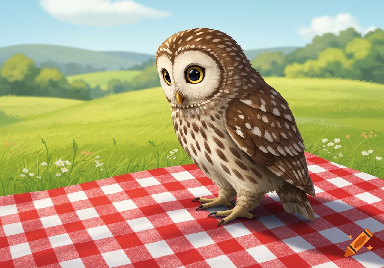 Cute illustrated owl sitting on a red and white checkered blanket with a landscape background.