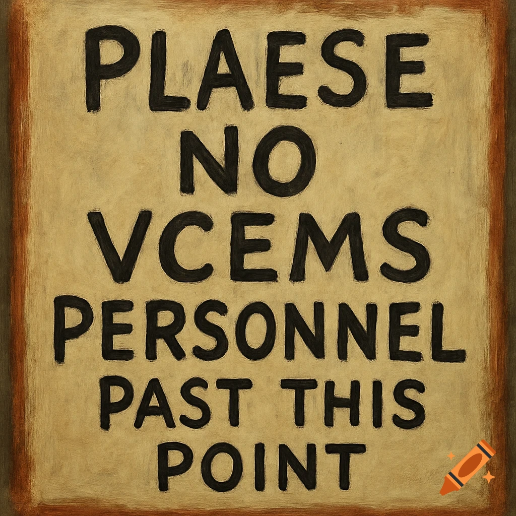 A rustic sign with the text 'PLAESE NO VCEMS PERSONNEL PAST THIS POINT'.