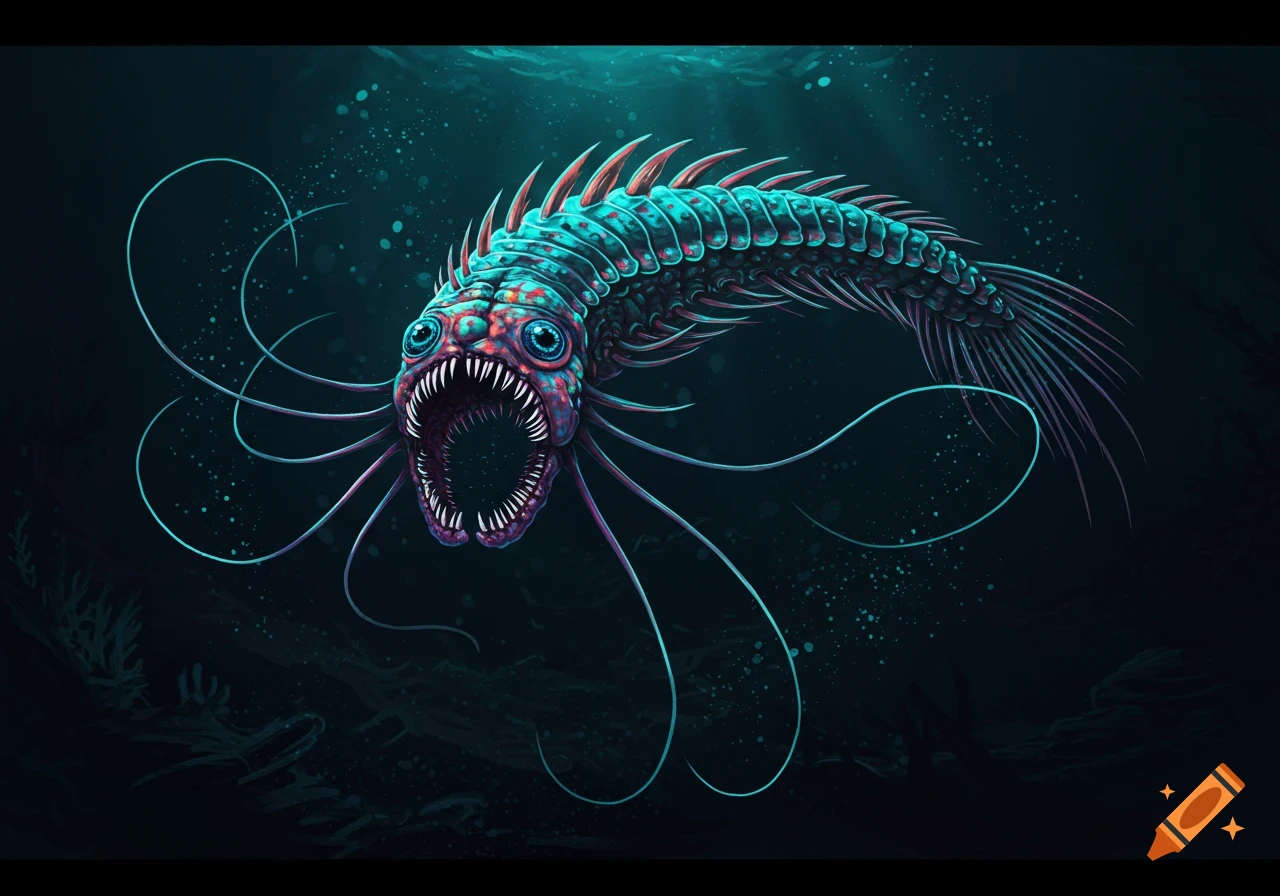 A vibrant, monstrous deep-sea creature with sharp teeth and tendrils swims in dark water.