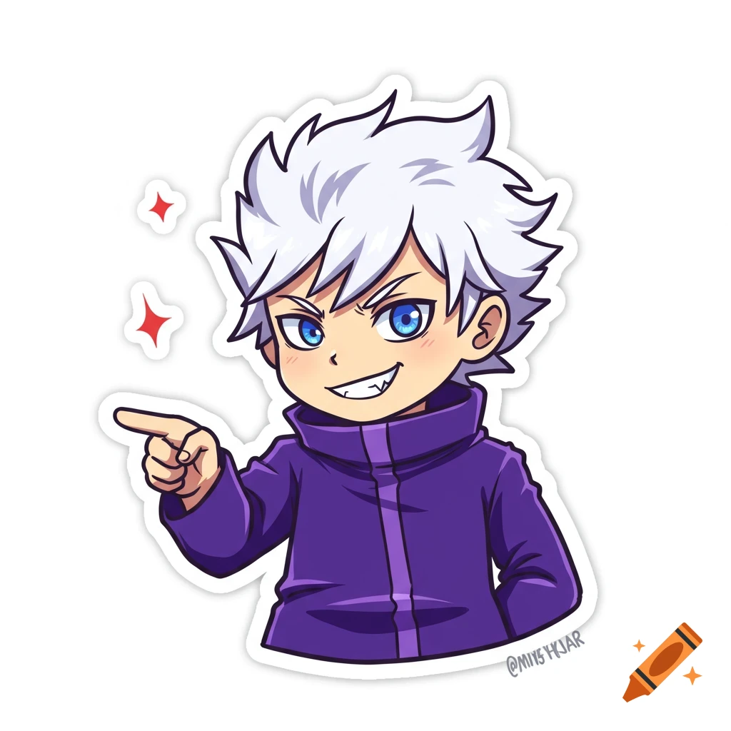 Chibi anime character with white hair and blue eyes pointing, sticker style