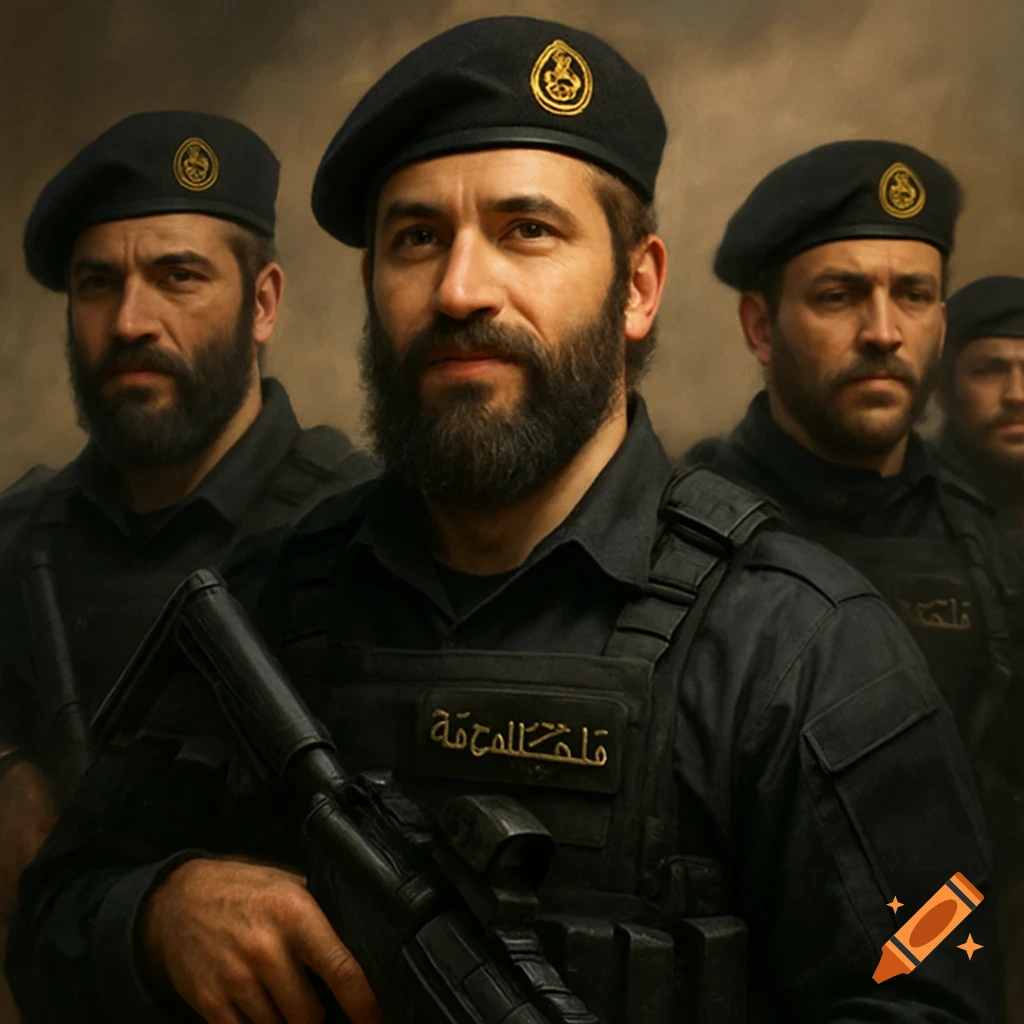 A group of soldiers in black tactical uniforms and black berets stand together, one holding a rifle.