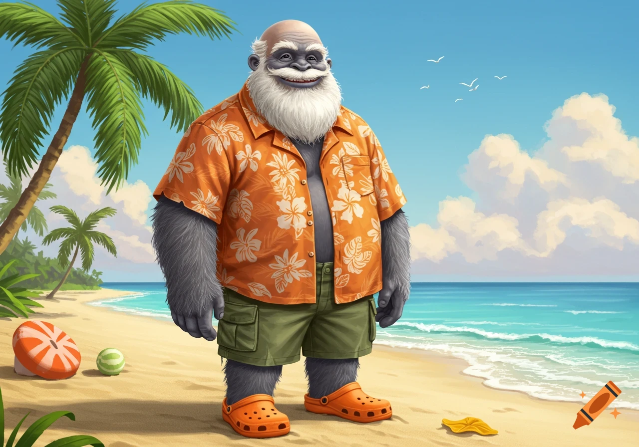 Elderly yeti in Hawaiian shirt, shorts, and orange Crocs stands on a tropical beach. Illustration.