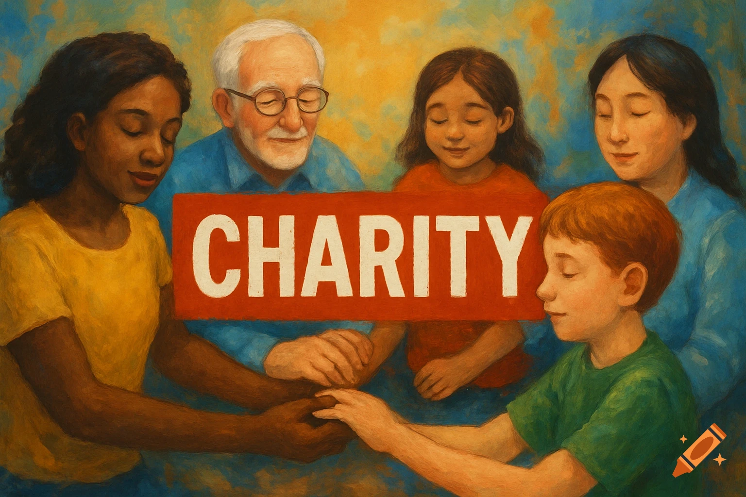 Diverse group of people holding a red sign that says 'CHARITY' in a painting style.