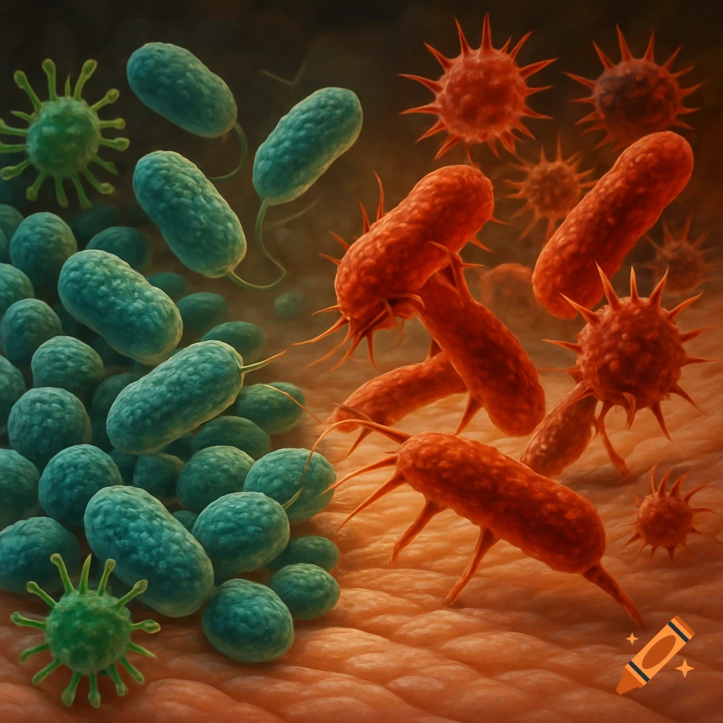 Detailed illustration of blue bacteria and red viruses interacting on a surface, like skin.