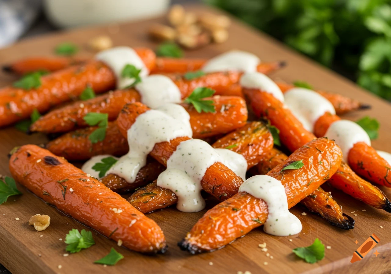 Roasted carrots drizzled with ranch sauce on a wooden board