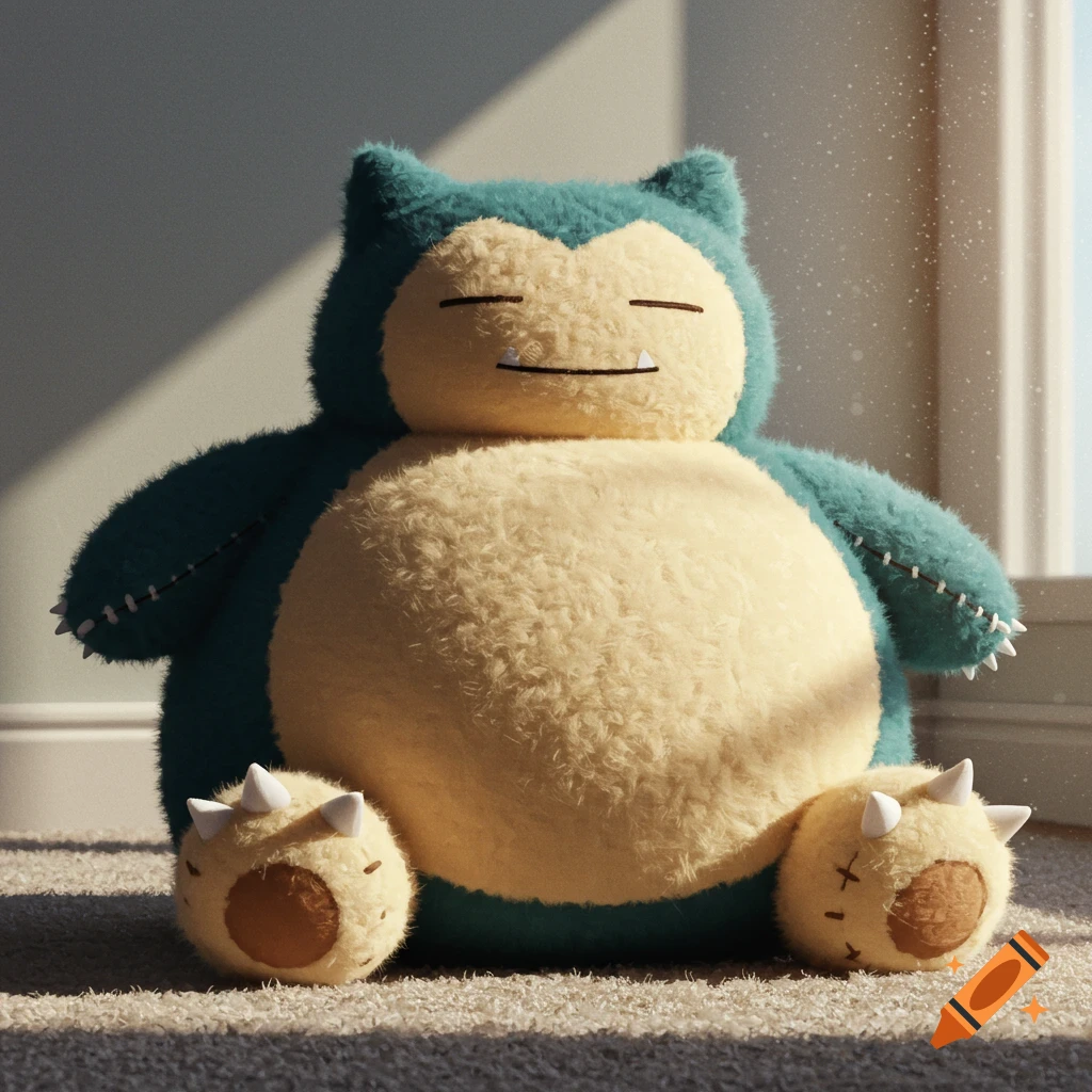 Hyper-realistic Snorlax plushie sits on a rug in sunlight near a window.
