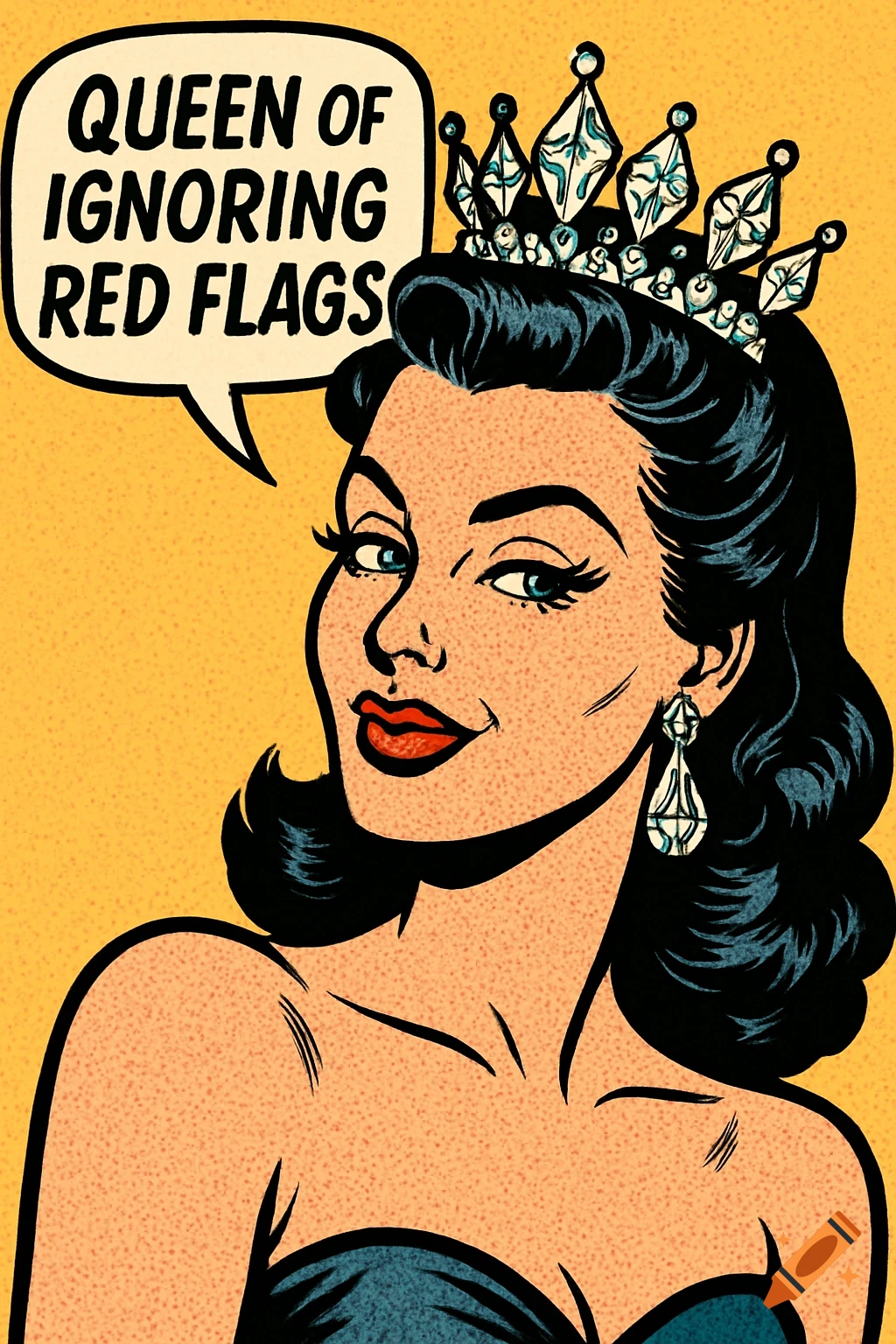 Vintage pop art illustration of a glamorous woman wearing a crown, with a speech bubble that says "Queen of Ignoring Red Flags."