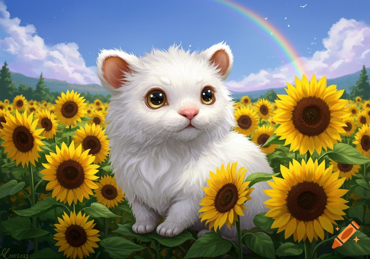 A cute fluffy white creature with large eyes sits in a field of sunflowers under a sky with a rainbow. Digital art.