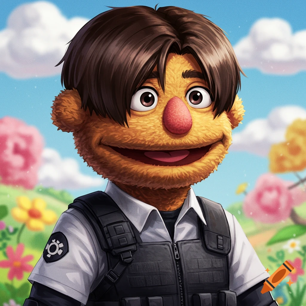 A furry orange muppet character wearing a tactical vest stands in a bright, colorful field.