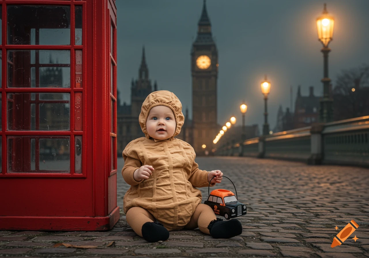 Baby in peanut costume sitting by a red telephone booth in London with Big Ben in the background, holding a black cab toy.
