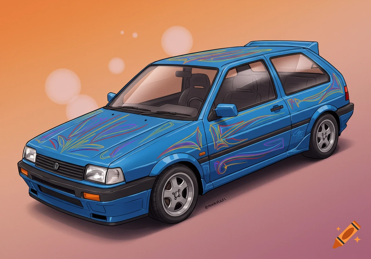 Illustration of a blue hatchback car with colorful pinstripes on an orange and pink background.