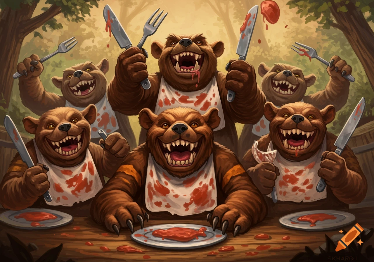Group of grinning bears wearing bloody bibs, holding knives and forks at a table with food.