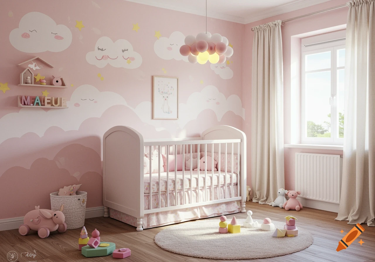 A pastel pink baby room with a white crib, cloud wall art, toys, and a light fixture.