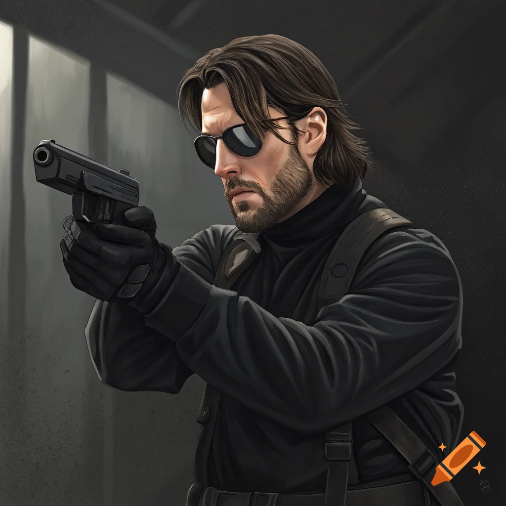 A man resembling Tom Cruise as Leon The Professional holds a pistol in a dark setting.