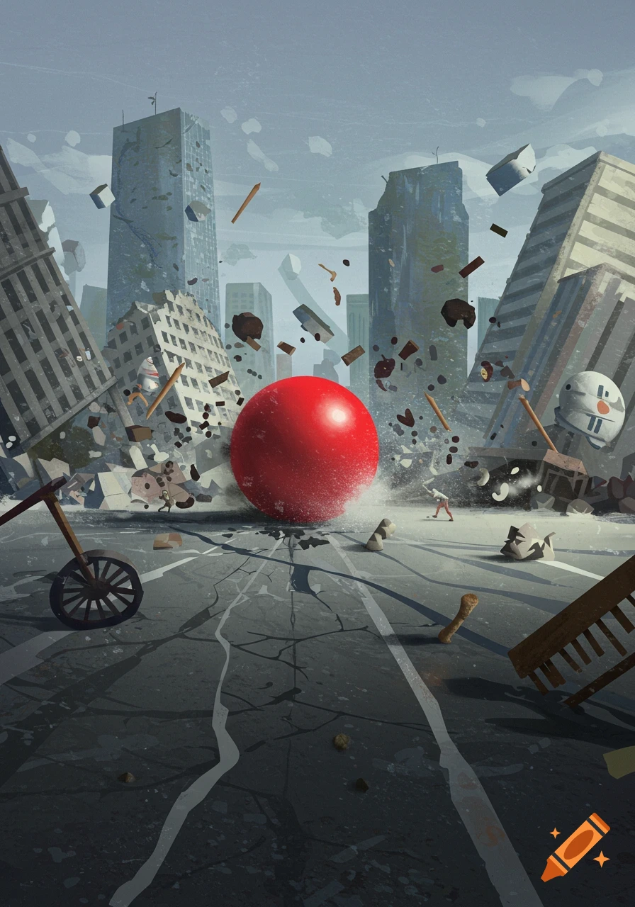 A giant red ball rolls down a crumbling city street, surrounded by falling debris from destroyed buildings.