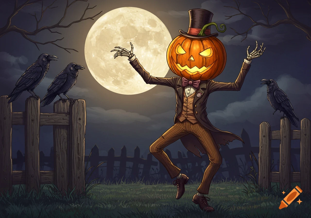 Figure with pumpkin head and skeleton hands in suit and top hat dances under a full moon with ravens nearby.