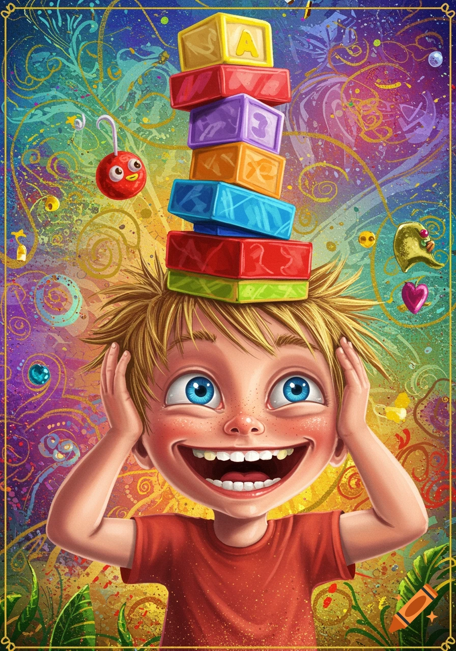 Detailed illustration of a boy with colorful blocks stacked on his head, smiling widely against a vibrant background.
