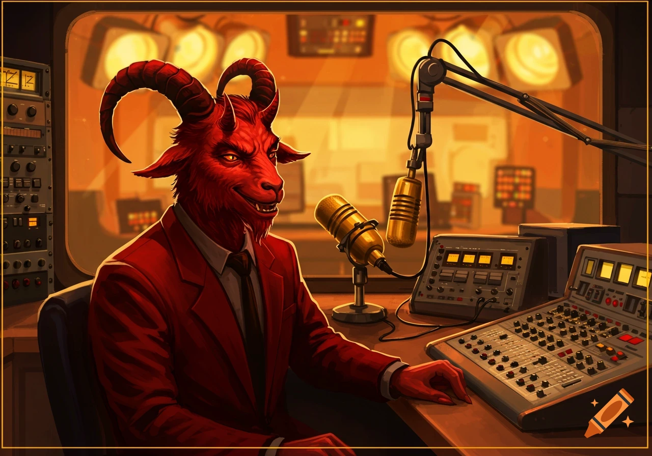 A red, goat-like devil in a suit sits at a radio broadcast console.