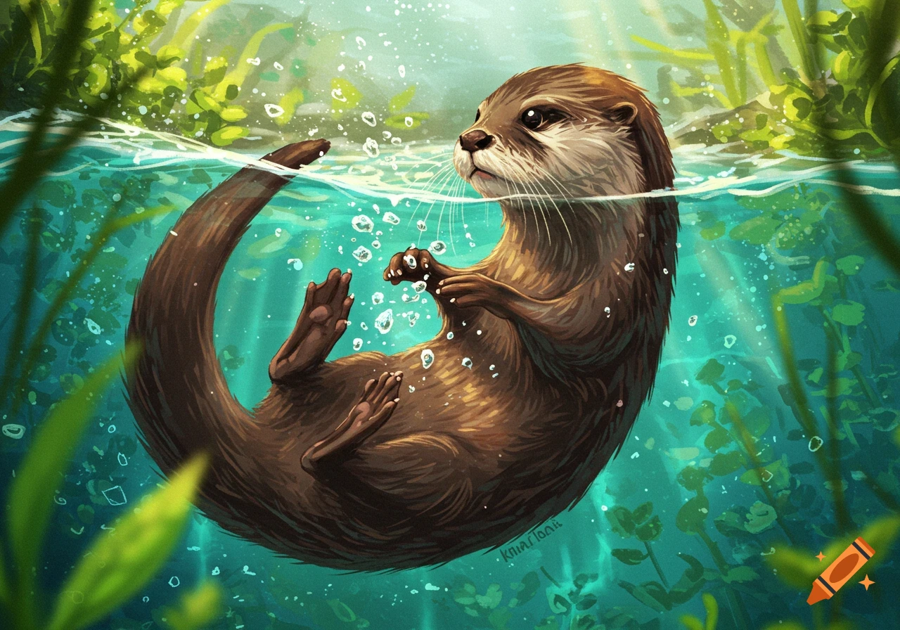 Cute otter swimming in a river, illustration style.