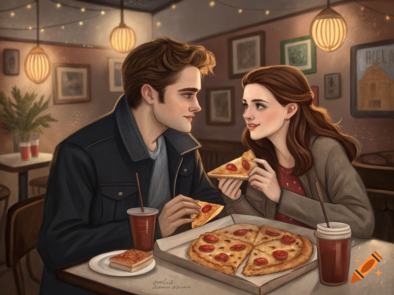 Illustrated man and woman eating pizza in a cozy cafe.