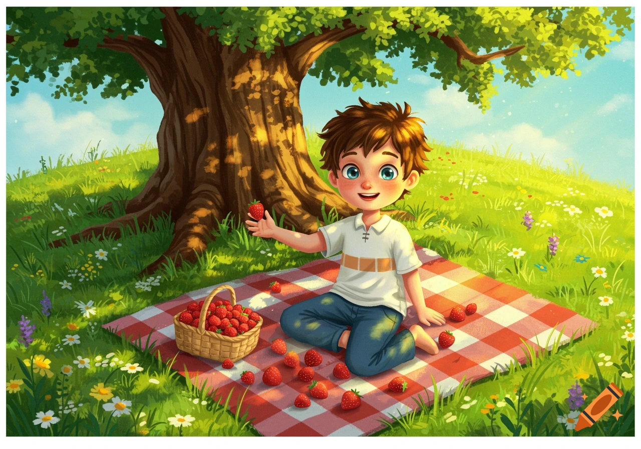 A cartoon boy sits on a red and white checkered picnic blanket under a tree, holding a strawberry and surrounded by berries.
