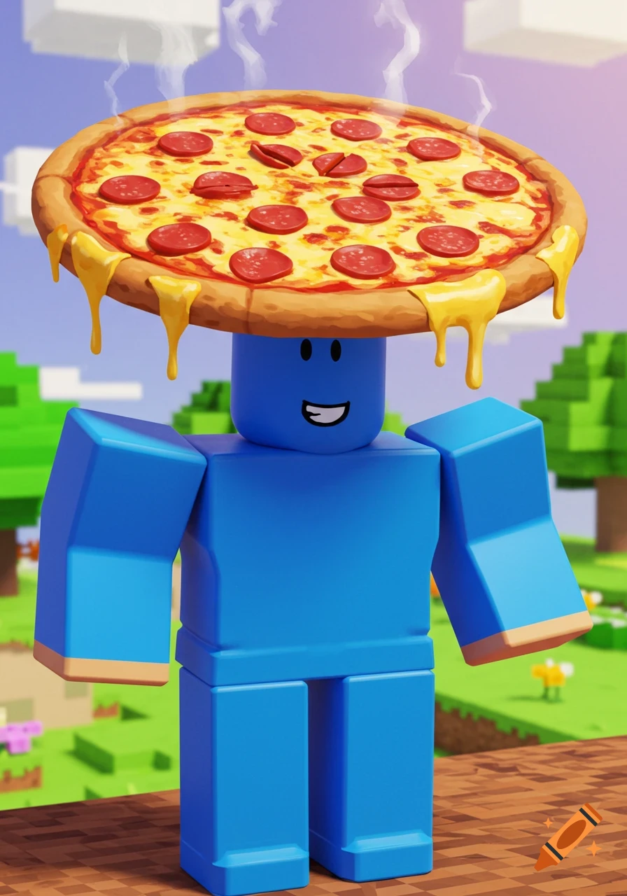A blue blocky character resembling a Roblox noob stands in a blocky world like Minecraft with a pepperoni pizza on its head.