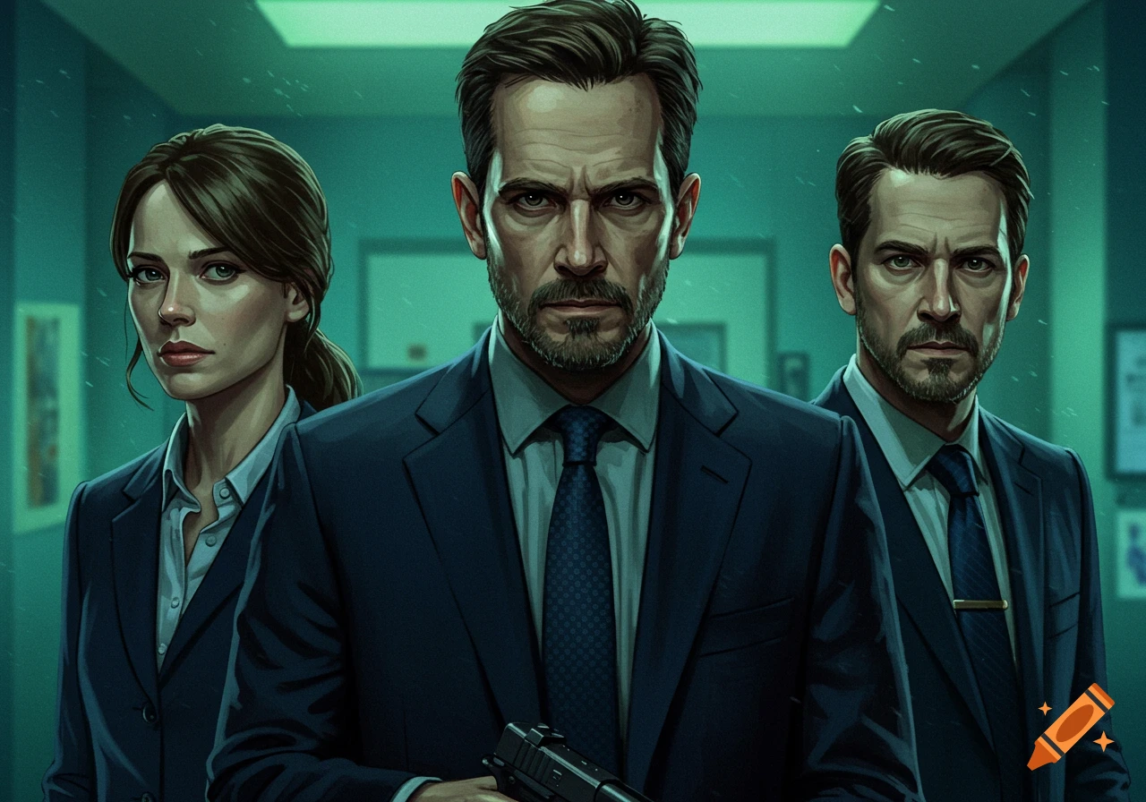 Three serious agents in suits stand in a dimly lit corridor, one holding a pistol.