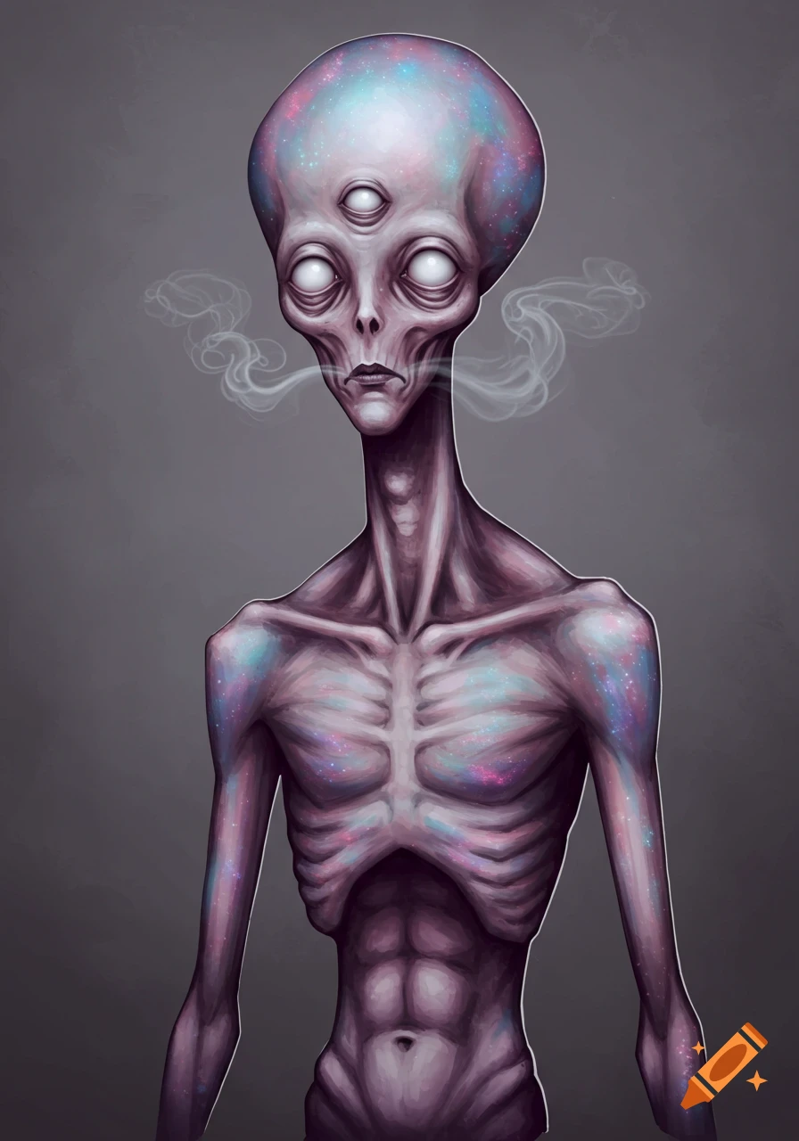 A skinny alien with three white eyes and galaxy-colored skin breathes smoke.