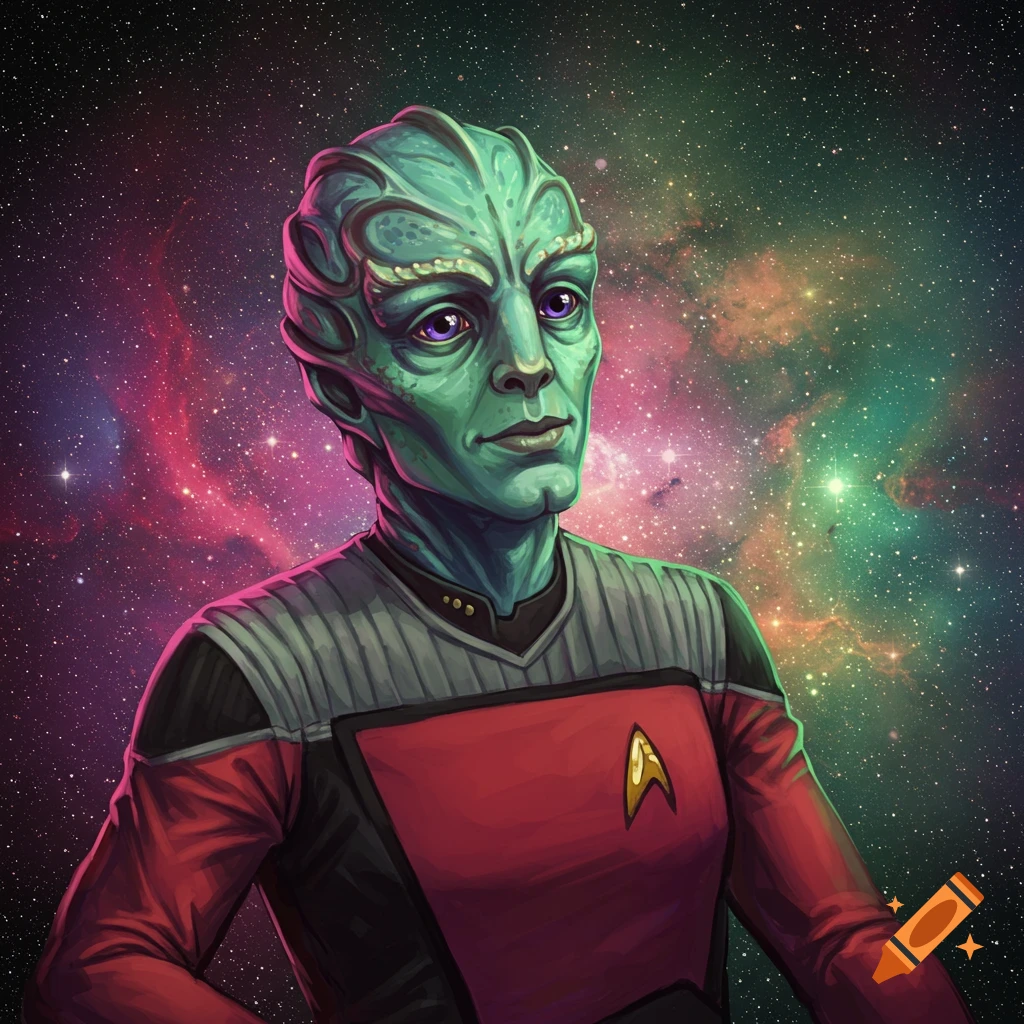 Illustration of a green-skinned Star Trek Denobulan alien in a Starfleet uniform against a vibrant galaxy backdrop.