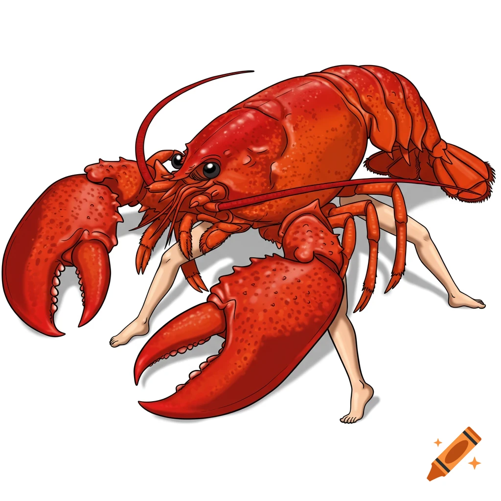 Illustration of a red lobster with four human legs walking.