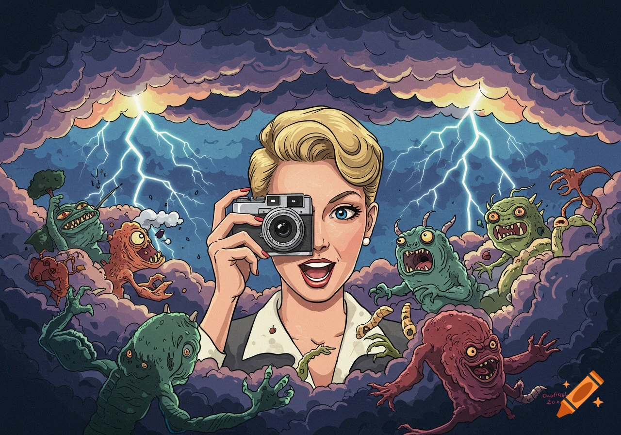 Pop art illustration of a woman with a camera surrounded by cartoon monsters and a storm.