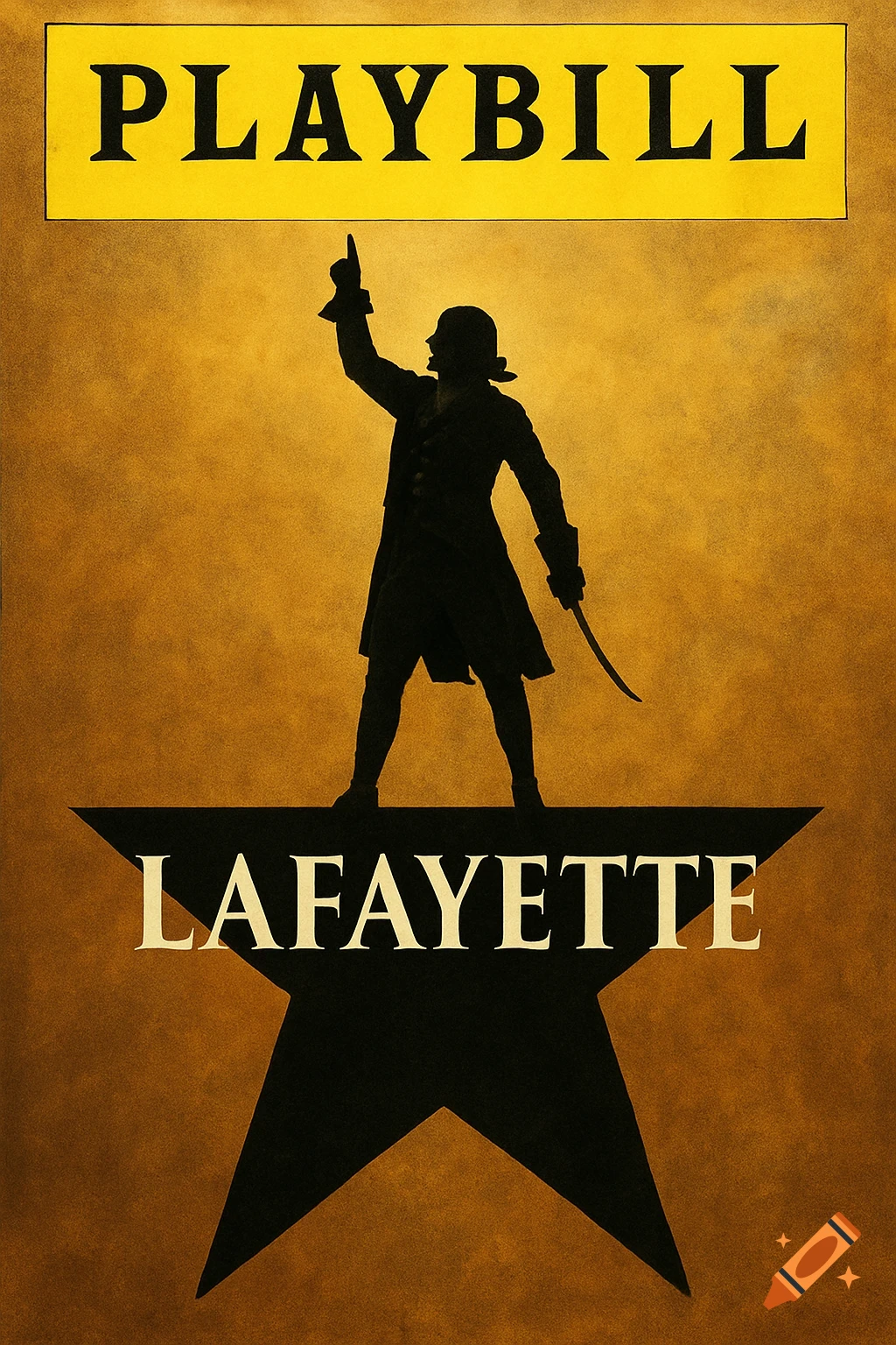 A silhouette of a historical figure in a coat standing on a star, with the text 'PLAYBILL' at the top and 'LAFAYETTE' below. Styled as a theatre poster.